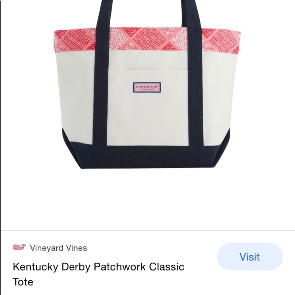 Vineyard Vines Cream Canvas Tote with Navy Straps and Coral Patchwork Trim